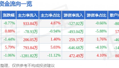 股票行情快报：安科瑞（300286）11月14日主力资金净买入933.84万元