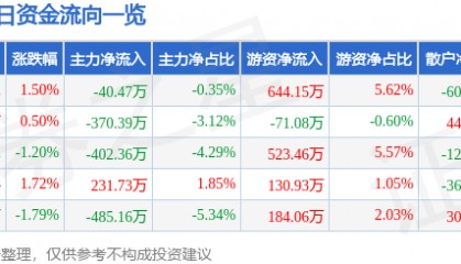 股票行情快报：泰和新材（002254）12月2日主力资金净卖出40.47万元