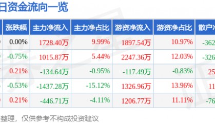 股票行情快报：涪陵电力（600452）3月3日主力资金净买入1728.40万元
