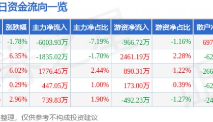 股票行情快报：赛为智能（300044）12月3日主力资金净卖出6003.93万元