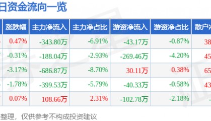 股票行情快报：上海能源（600508）1月6日主力资金净卖出343.80万元