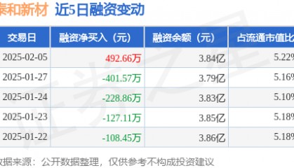 泰和新材：2月5日融资买入1087.28万元，融资融券余额3.87亿元