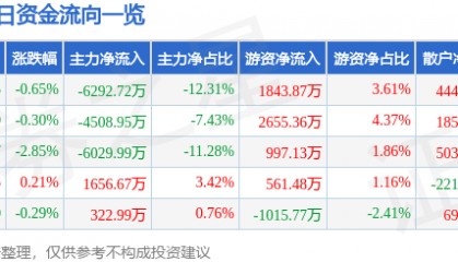 股票行情快报：中国动力（600482）12月11日主力资金净卖出6292.72万元