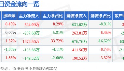 股票行情快报：津滨发展（000897）3月12日主力资金净买入594.09万元