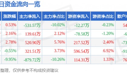 股票行情快报：申华控股（600653）4月11日主力资金净卖出531.57万元
