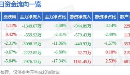 股票行情快报：洲明科技（300232）12月27日主力资金净卖出1349.67万元