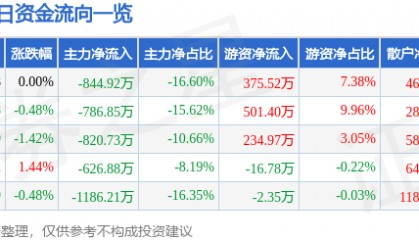 股票行情快报：申华控股（600653）3月11日主力资金净卖出844.92万元