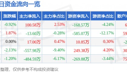 股票行情快报：冠豪高新（600433）12月30日主力资金净买入100.58万元
