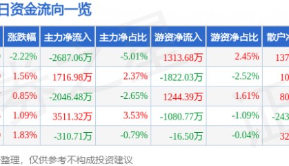 股票行情快报：当升科技（300073）6月13日主力资金净卖出2687.06万元