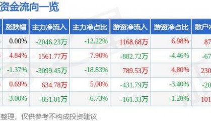 股票行情快报：ST高鸿（000851）10月22日主力资金净卖出2046.23万元