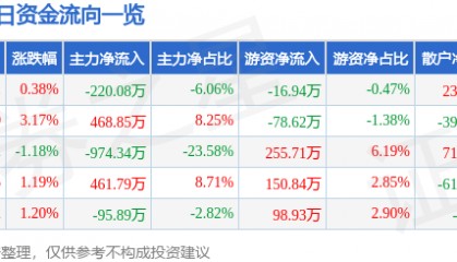 股票行情快报：国创高新（002377）4月23日主力资金净卖出220.08万元