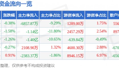 股票行情快报：瑞芯微（603893）5月16日主力资金净卖出6857.87万元