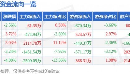 股票行情快报：ST高鸿（000851）11月22日主力资金净买入61.35万元