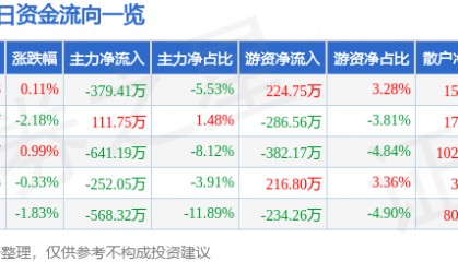 股票行情快报：泰和新材（002254）2月5日主力资金净卖出379.41万元
