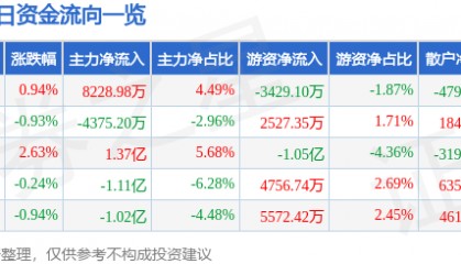 股票行情快报：京东方Ａ（000725）11月29日主力资金净买入8228.98万元