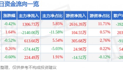 股票行情快报：伟星新材（002372）3月13日主力资金净买入1306.73万元