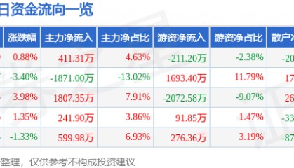股票行情快报：津滨发展（000897）2月27日主力资金净买入411.31万元