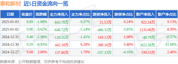 股票行情快报：泰和新材（002254）1月3日主力资金净卖出843.78万元