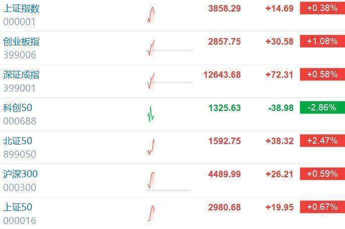 A股主要指数走强，创业板指拉升涨超1%，沪指涨0.38%！泛金融、白酒、有色金属、电池领涨，近2300只股票上涨