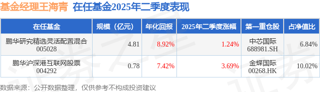 王海青2025年二季度表现，鹏华沪深港互联网股票基金季度涨幅3.69%
